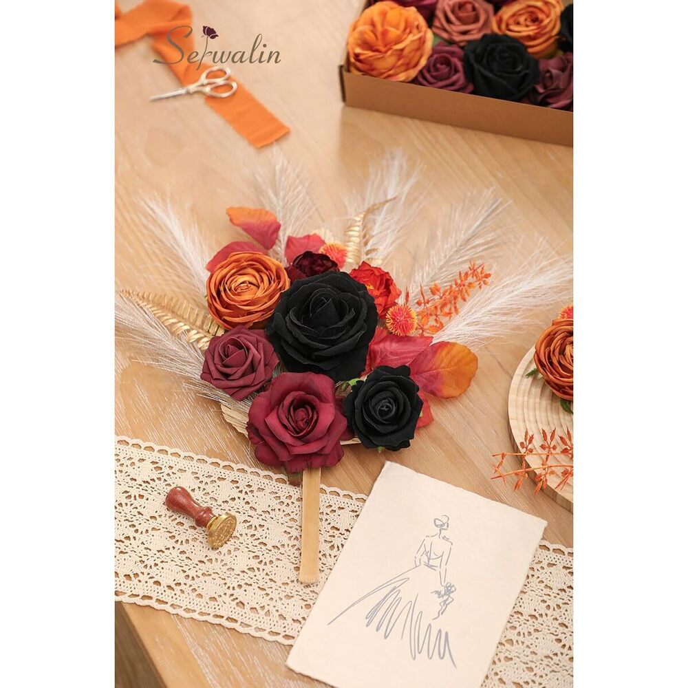 6083 Artificial Flowers Black Orange Fall Flowers Halloween Black Wedding - Picture 2 of 7